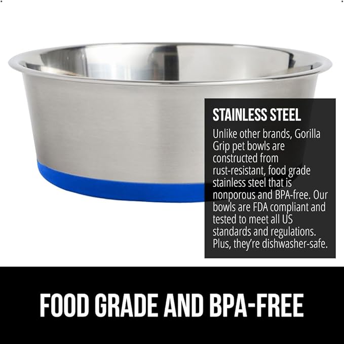GORILLA GRIP Set of 2 Dog Bowls, Holds 4 Cups (32 fl oz), Heavy Duty Metal Food and Water Bowl for Feeding Dogs and Cats, Dishwasher Safe, Rust Resistant Stainless Steel, BPA Free Rubber Base, Blue