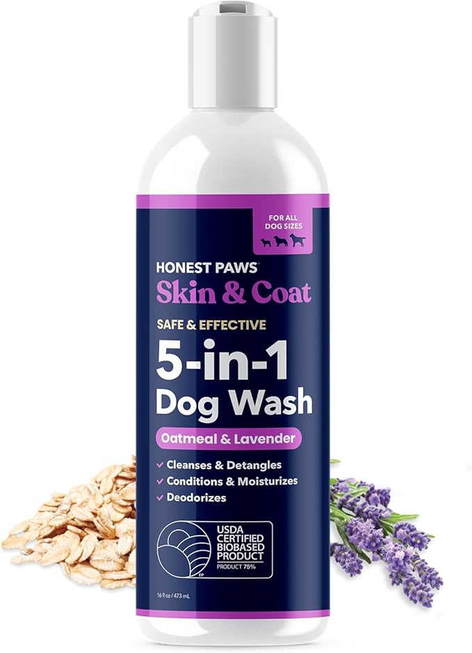 Honest Paws Dog Shampoo and Conditioner - Premium Dog Wash for Allergies and Dry, Itchy, Moisturizing for Sensitive Skin - Sulfate Free, Plant Based, All Natural - Oatmeal & Lavender - 16 Fl Oz
