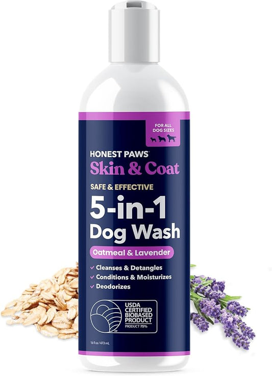 Honest Paws Dog Shampoo and Conditioner - Premium Dog Wash for Allergies and Dry, Itchy, Moisturizing for Sensitive Skin - Sulfate Free, Plant Based, All Natural - Oatmeal & Lavender - 16 Fl Oz