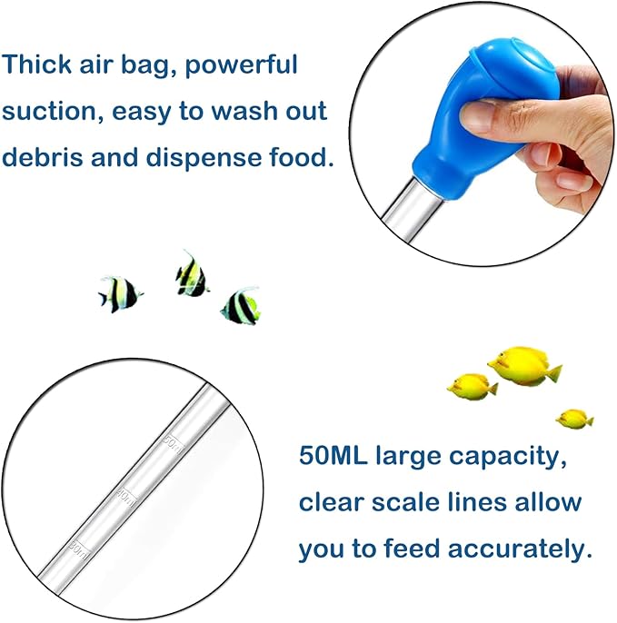 KABASI Coral Feeder Fish Feeder Waste Clean Tool, 50ml Manual Acrylic Pipette Suction Dropper with 2PCS Extension Pipes for Fish Tank Cleaning, Water Changer Waste Remover for Aquarium