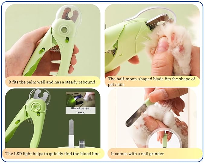 Dog cleaning and grooming 8-piece set, nail files with LED Light and Nail file, dog comb, cleaning brush, Bags Dispenser and trash waste bag, dog poop bags dispenser, grooming supply package