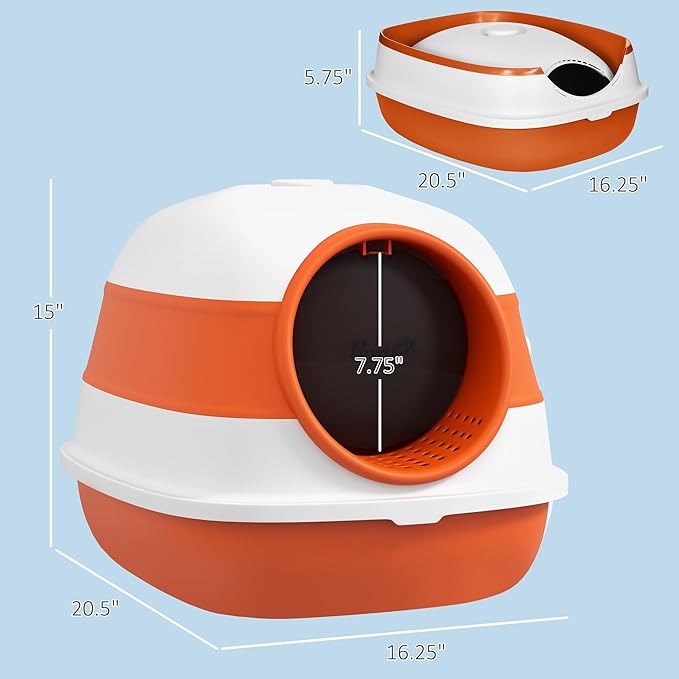 PawHut Cat Litter Box with Lid, Covered Litter Box w/High Sides, Air Freshener, Large Two-Way Entrance Kitty Toilet, Foldable, Easy Clean, Orange
