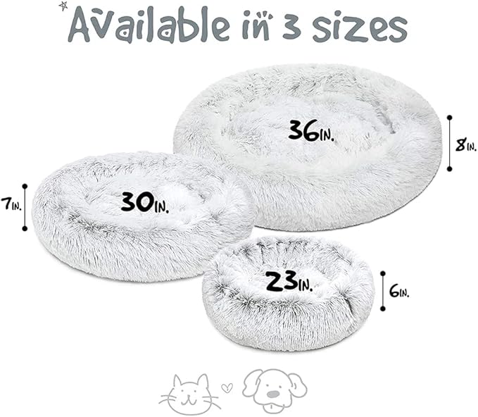 Friends Forever Donut Dog Bed Faux Fur Fluffy Calming Sofa For Small Dogs, Soft & Plush Anti Anxiety Pet Couch For Dogs, Machine Washable Coco Pet Bed with Non-Slip Bottom, 23"x23"x6" Ivory