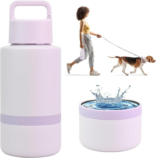 Insulated Dog Water Bottle with Travel Bowl, Dog Lover Gift, Portable Water Bottle Dispenser, Accessories for Car, Hiking, Camping, Outdoor, Leak-Proof, Detachable (Pale Mauve)