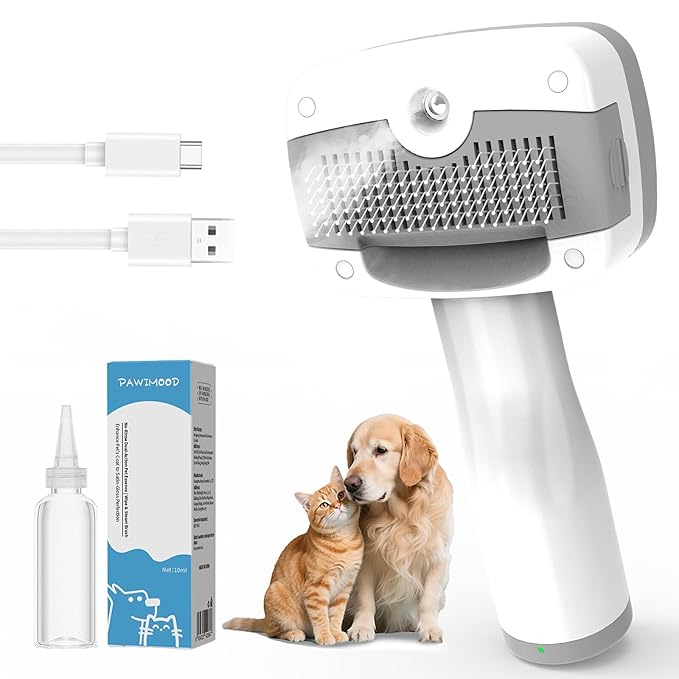 3 in 1 Pet Steam Brush for Dogs & Cats – Self Cleaning, Hair Removal Comb Steam for Shedding & Grooming for Long & Short Haired Pets,Includes Pet Enssence