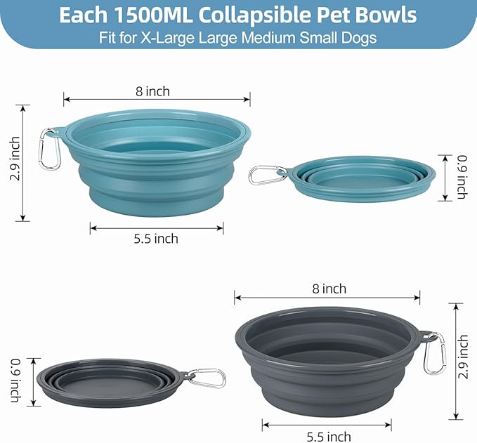 Kytely Collapsible Dog Bowls 2 Pack - 1500ml Portable Pet Food & Water Bowl for Travel, Hiking, Walking - Foldable Feeding Dish with Carabiner Clip for Dogs & Cats - X-Large (Blue & Grey)