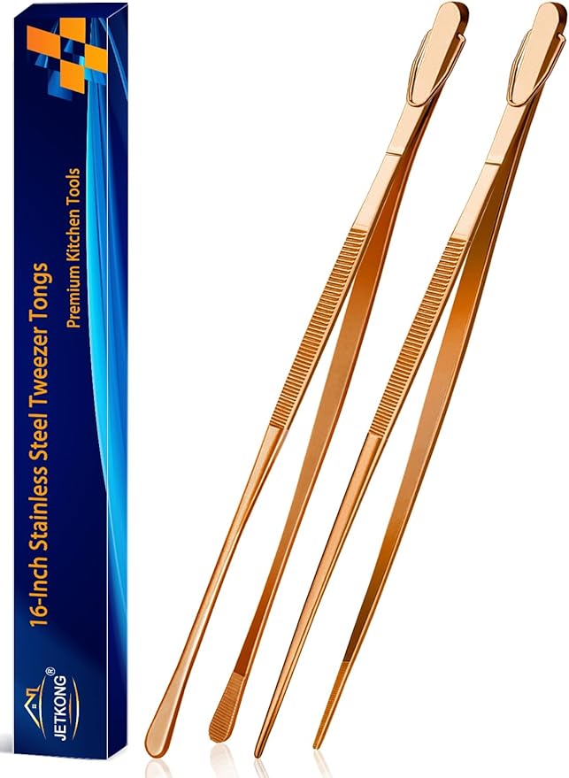 JETKONG 2 Pcs 16-Inch Extra-Large Kitchen Tweezers and Tongs - Giant Stainless Steel Food Tweezers - Rose Gold