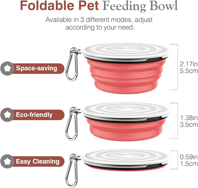 Pawaboo Collapsible Dog Bowls 2 Pack, Silicone Feeding Watering Bowls with Lids & Carabiners for Dogs Cats, Portable Water Feeder Food Bowl for Walking Traveling Home Use, Light Pink + Grey