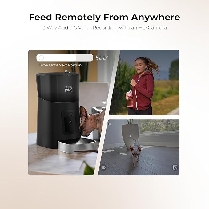 Smart HD Cat Feeder, 2 Way Audio + Voice Recording, Automatic Feeder for Dog with 1080p Night Vision Camera, WiFi App Controlled, Battery Backup, Anti Jam 6L Upto 15 Daily Meals, Black Stainless