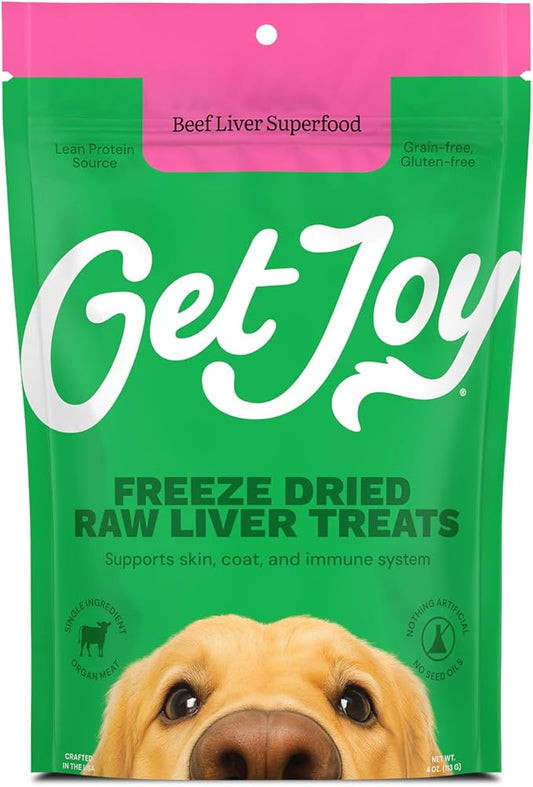 Get Joy Freeze Dried Superfood 100% Beef Liver Dog Treats, 4 Ounce Bag, Single Ingredient Organ Meat, High Protein, Vision, Skin & Coat Health, Muscle Repair, Grain Free, Gluten Free, Made in USA