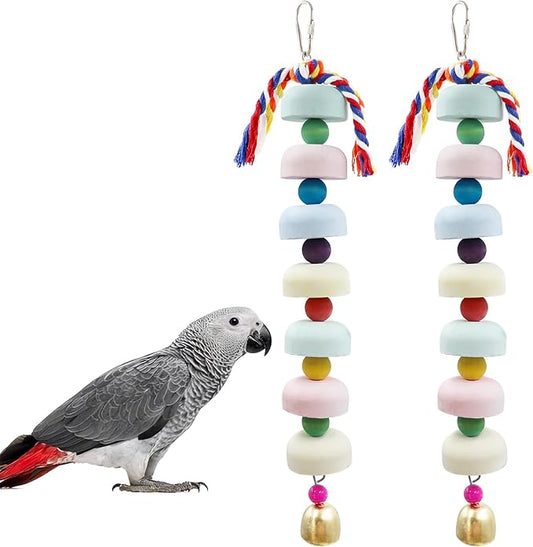 Mineral Chew Toy 2-Pack – Colorful Beaded Bird Toys with Bells | Beak Grinding & Foraging Enrichment for African Grey, Amazon Parrots, Budgies, Cockatiels, Conures