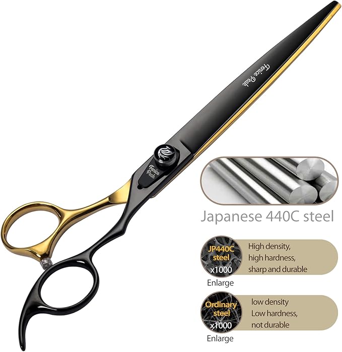 Fenice Peak 7'' Black and Gold Two-color Dog Grooming Scissors Set Straight Thinning Curved and Chunker Shears 4PCS Set with Pattern Screw and Ergonomic Offest Handle 440C Sharp and Durable