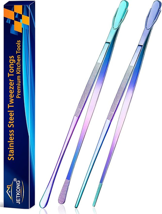 JETKONG 2 Pcs 14-Inch Culinary Tweezers Extra Long Food Tweezers Kitchen Tweezer Tongs for Cooking Grilling and BBQ (Rainbow)