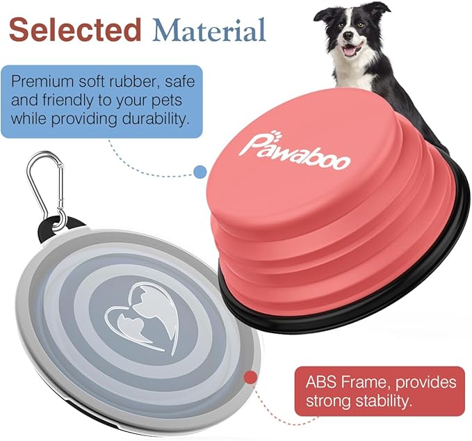 Pawaboo Collapsible Dog Bowls 2 Pack, Silicone Feeding Watering Bowls with Lids & Carabiners for Dogs Cats, Portable Water Feeder Food Bowl for Walking Traveling Home Use, 1000ml, Light Pink + Blue