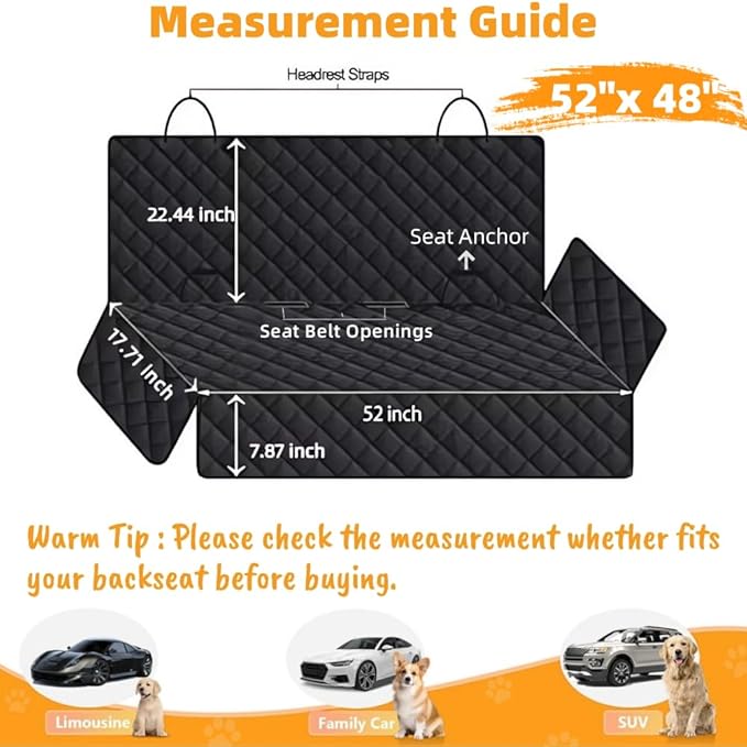 Dog Car Seat Cover for Back Seat, Dog Seat Covers Pet Rear Seat Cover, Waterproof Car Bench Seat Protector, Interior Backseat Covers Mat for Cars, SUVs and Vans (Black, 52"x48")