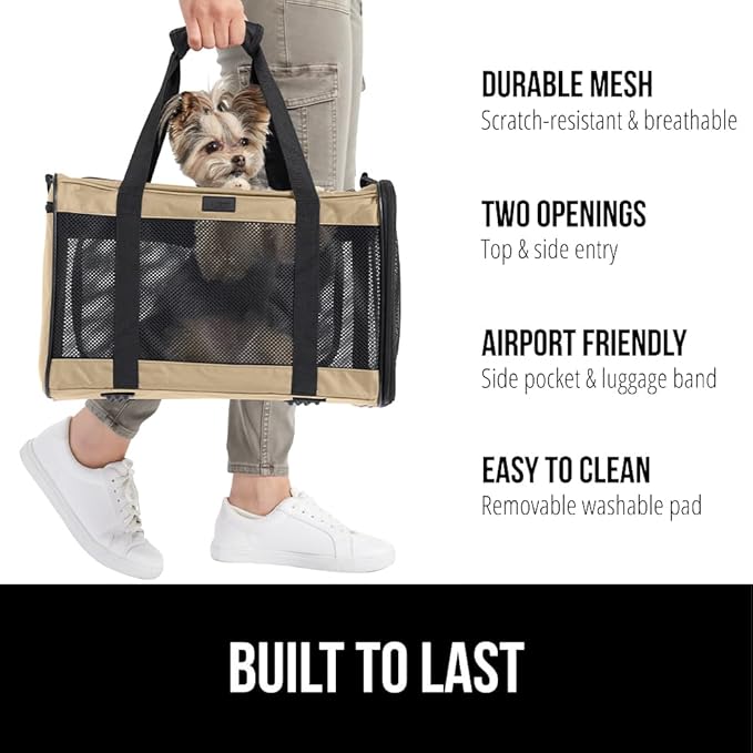 GORILLA GRIP Cat Carrier Travel Bag Up to 15 Lbs, Soft Collapsible Small Dog Carriers, Top and Side Entry Breathable Mesh, Grip Feet on Underside, Cozy Washable Waterproof Pad, Portable Kennel, Beige