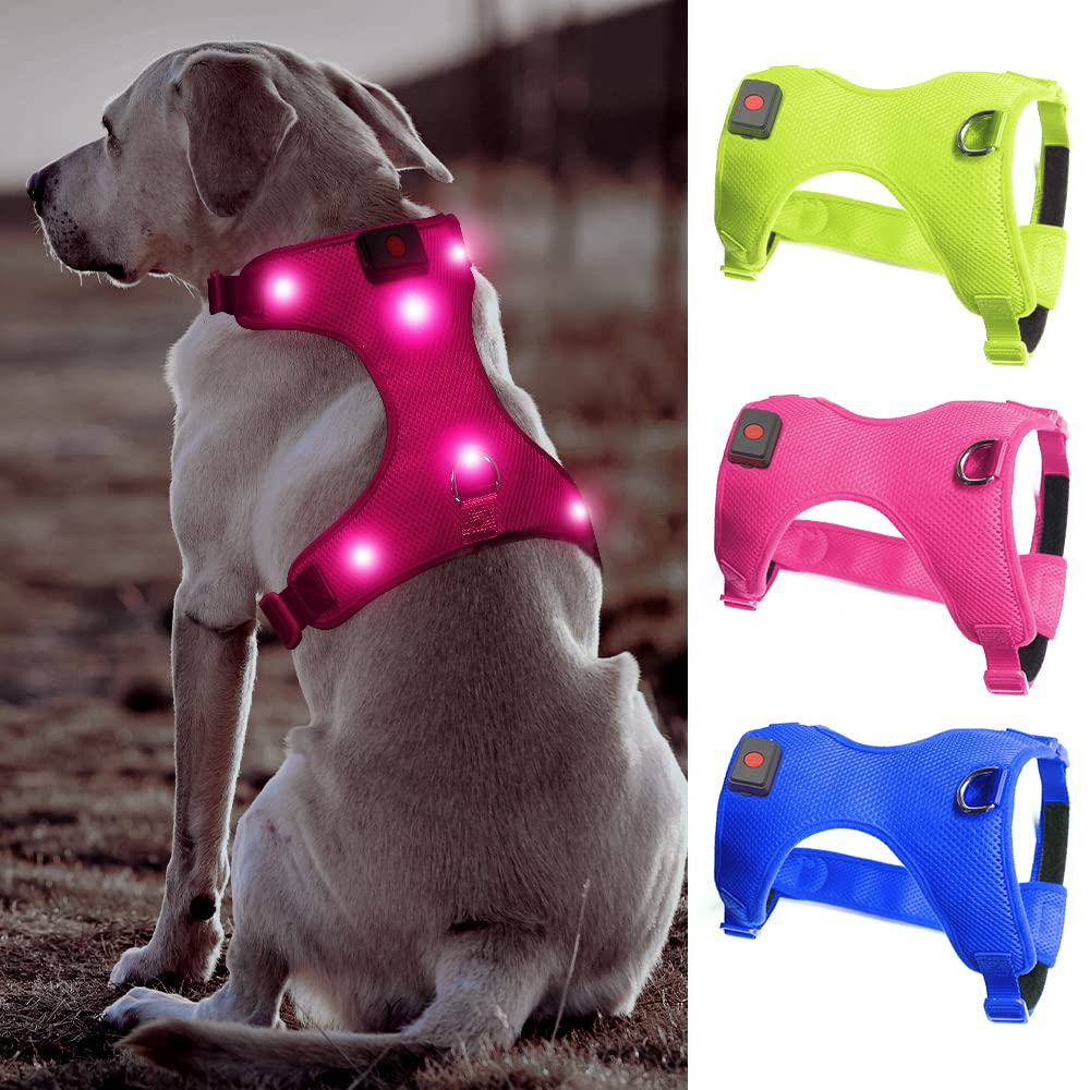 BSEEN LED Dog Harness, No Pull Light Up Dog Vest Rechargeable Lighted Pet Harness Safety Dog Lights for Night Walking (Rose Red, Medium)