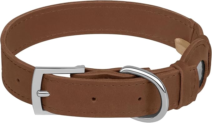 Leather Dog Collar with Airtag Holder - Apple AirTag Dog Collars - Soft Tracking Smart GPS Pet Collar for Small Medium Large Dogs Puppy (Tawny, M, 12"-15" Neck Fit)