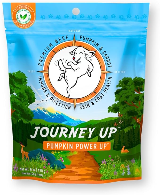 HappyTails Journey Up, Pumpkin Power Up Jerky Treats for Dogs with Beef, Pumpkin & Carrots-Made in USA-Prebiotics for Gut & Immune Health, Omega 3 & 6 for Skin & Coat, Small-Large Dogs, 6 oz.