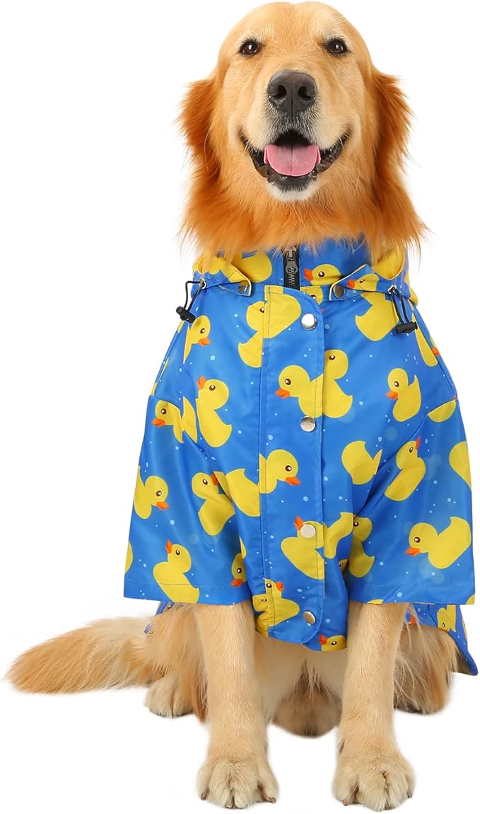 HDE Dog Raincoat Poncho Double Layer Zip Rain Jacket with Removable Hood, Leash Hole for Small to 3XL Dogs and Puppies Ducks Blue - 2XL