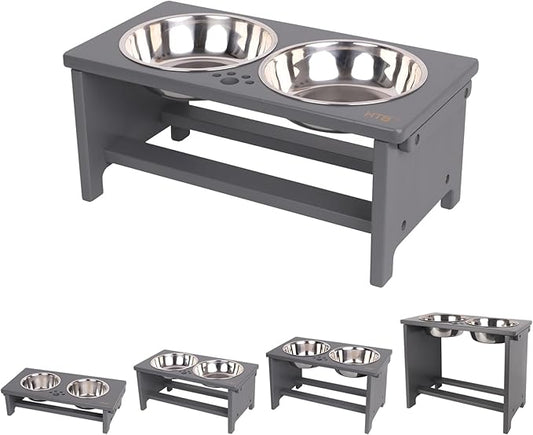 HTB Elevated Dog Bowls, Raised Dog’s Food Stand with 2 Stainless Steel Bowls, Elevated Raised Dog Dishes for Large Medium Small Sized Pet Sturdy Bamboo Food Feeder Natural