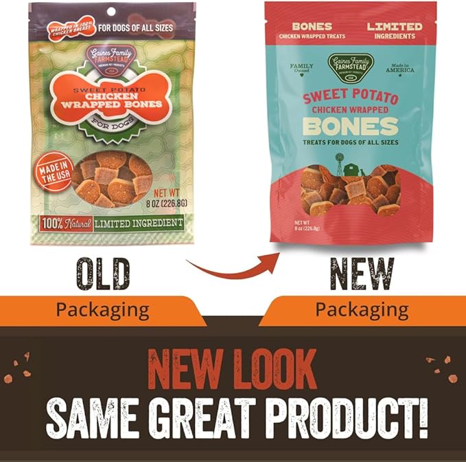 Gaines Family Farmstead Chicken Wrapped Sweet Potato Dog Bones - 8 oz Bag, Natural, Grain-Free Dog Treats for All Ages & Breeds, Great for Training and Rewards, Made in USA