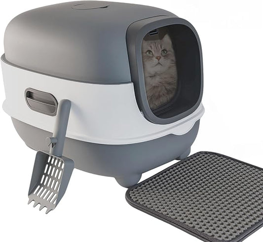 Large Cat Litter Box with Cat Litter Scoop, Foldable Litter Box with Lid, Front Entry and Exit Leak-Proof Litter Cat Box, Odor Control, Easy to Clean (Grey)