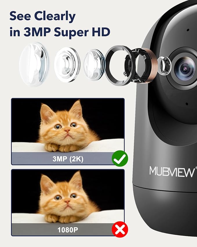 MUBVIEW Cameras for Home Security, Indoor Security Camera, 2.4/5GHz WiFi Wired Camera Ideal for Dog/Elder/Baby, Motion Tracking, Two-Way Audio, Pan Tilt, 7X24, 2K Night Vision
