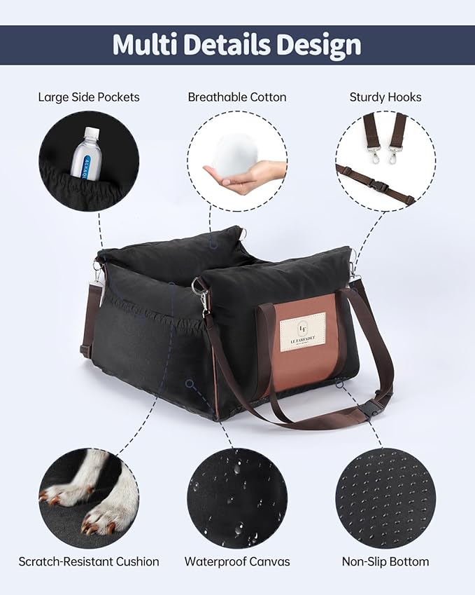 Dog Car Seat for Dogs - Waterproof Dog Booster Seat for Car with Storage Pockets, Clip-On Safety Leash and Soft Plush Cushion, Pet Travel Carrier Bed with Durable Belts up to 25 lbs (Brown, Medium)