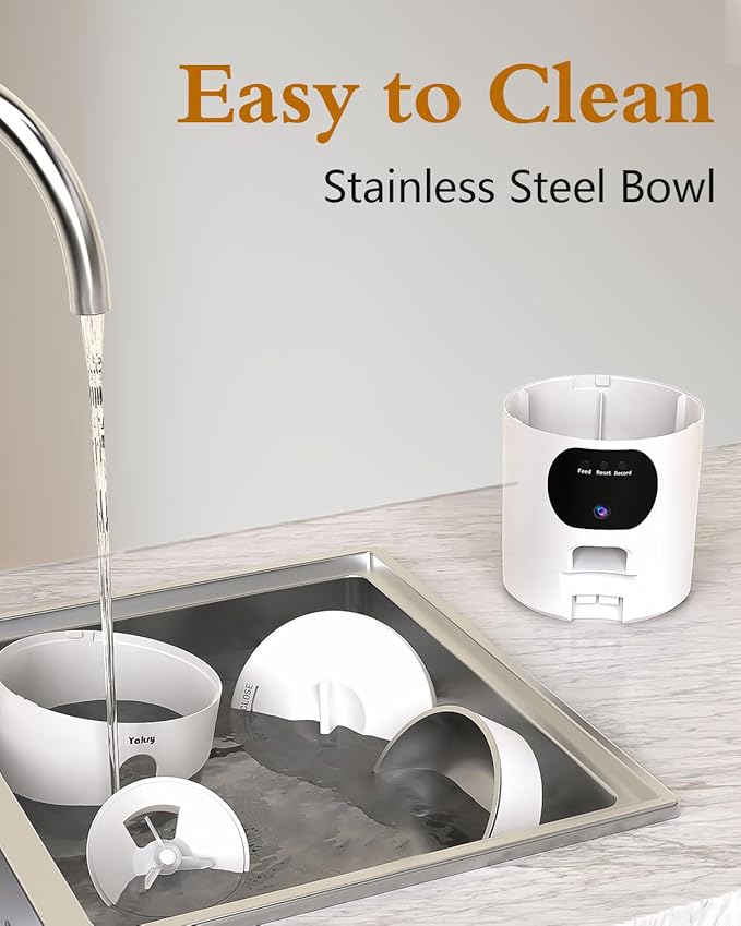 Yakry Automatic Cat Feeder with Camera - 5G WiFi Easy Setup App Control Cat Dry Food Dispenser with Stainless Steel Bowl, 17 Cups, HD 1080P Video with Night Vision for Small Pets Indoor