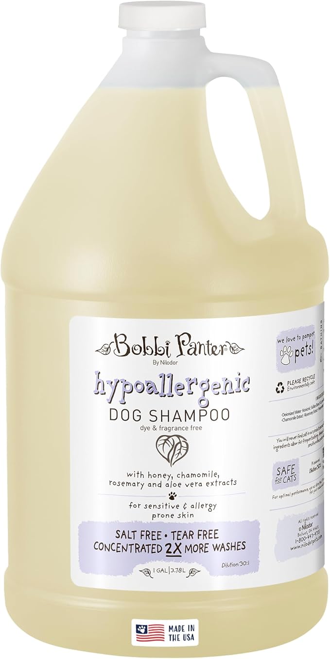 Bobbi Panter Hypoallergenic Dog Shampoo 1 Gal., Dye & Fragrance-Free, Paraben-Free, pH Balanced, Tear-Free, Aloe Vera & Honey Extract, Made in USA, Concentrated 30:1, Made in The USA