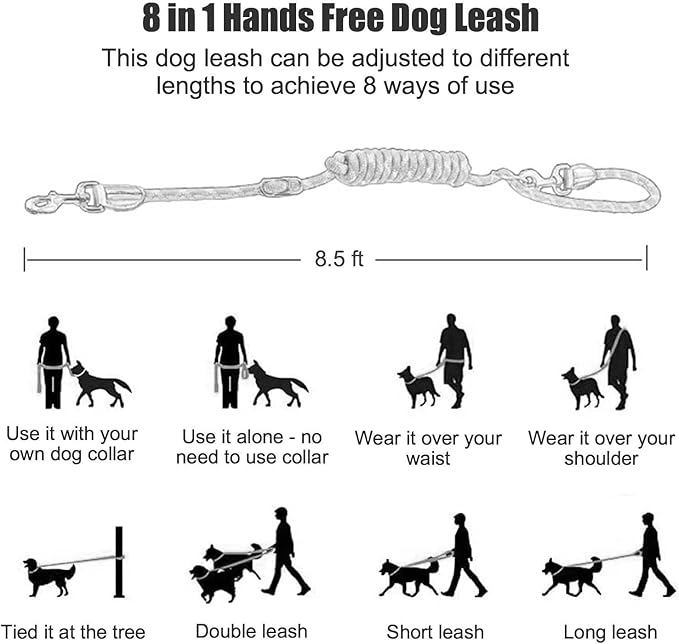 Hands Free Dog Leash(8.5ft), 8 in 1 Multifunction Nylon Double Leash for Dogs,1.2cm Adjustable Waist with Reflective Stitching for Training -Grey