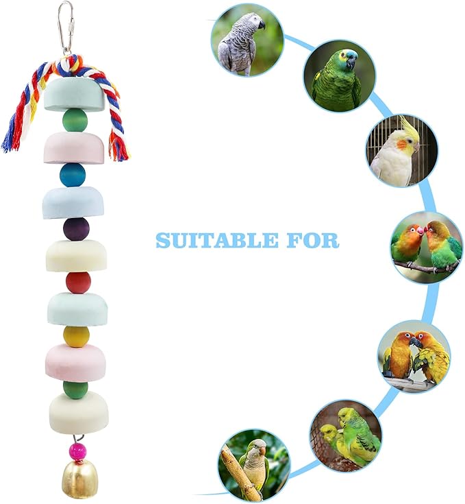 Mineral Chew Toy 2-Pack – Colorful Beaded Bird Toys with Bells | Beak Grinding & Foraging Enrichment for African Grey, Amazon Parrots, Budgies, Cockatiels, Conures