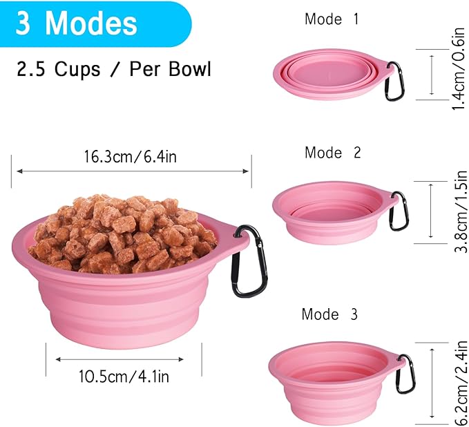 PetBonus 2-Pack Silicone Collapsible Dog Bowls, BPA Free Dishwasher Safe, Portable Foldable Expandable Travel Bowl, Food Water Feeding Cup Dish for Dogs Cats with 2 Carabiners (Purple, Pink)
