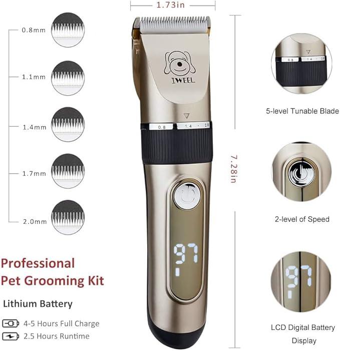 Dog Clippers, 2-Speed Professional Rechargeable Cordless Cat Shaver and Low Noise Water Proof Electric Dog Trimmer Pet Grooming Kit Animal Hair Clippers Tool with Scissors Combs