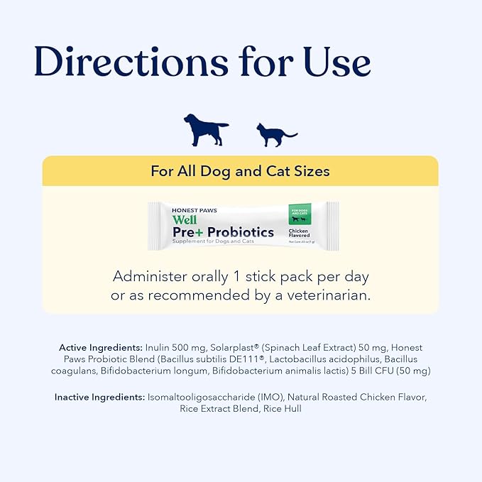 Honest Paws Probiotics for Dogs - Digestive & Immune Support Powder with Prebiotic Made in The USA, Chicken Flavor (30 Sticks)