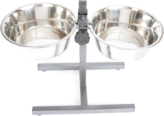 Iconic Pet Adjustable H-Design Double Diner - Non-Skid Rubber Base Noise Free Stable Dog Food Stand with 5 Quart/ 160 oz Stainless Steel Elevated Dog Food Bowls for Proper Growth & Digestion