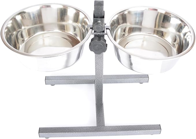 Iconic Pet Adjustable H-Design Double Diner - Non-Skid Rubber Base Noise Free Stable Dog Food Stand with 3 Quart/ 96 oz Stainless Steel Elevated Dog Food Bowls for Proper Growth & Digestion