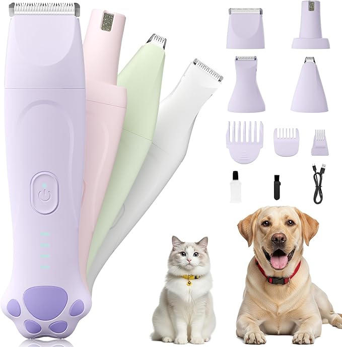 Dog Clipper 4-in-1 Grooming Kit – Includes Comb, Paw Trimmer, Nail Grinder, Rechargeable & Wireless Design, Low Noise, IPX7 Waterproof, Pet-Friendly Clipper (Purple)