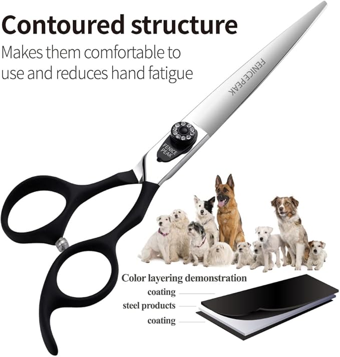 Fenice Peak 7.0'' Dog Straight Scissors For Grooming Pet Hair Cutting Shears 440C Stainless Steel Black Non-Slip Handle Sharp Blades Professional Pet Trimming Scissors for Cats