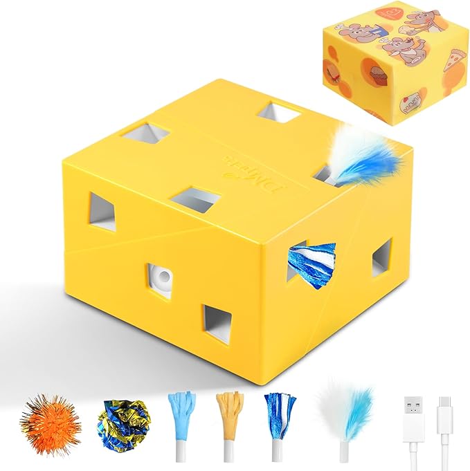 Migipaws Automatic MigiBox Plus Cat Toys 3 n1 Interactive Pounce Mystery Under PopSkin 12 Holes Cardboard Kitten Toys for Indoor Rechargable 8 Accessories(Yellow)