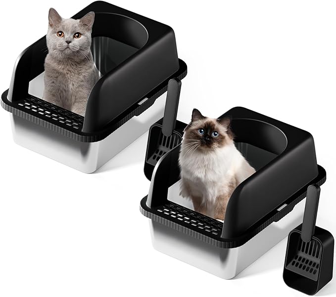 Stainless Steel Cat Litter Box with Lid, 20" L x 14.2" W x11.8 H, Large Cat Litter Box for Multiple Cats with High Sided, No-Leak & Stick, Easy to Clean, Includes Litter Mat & Multi Functional Scoop