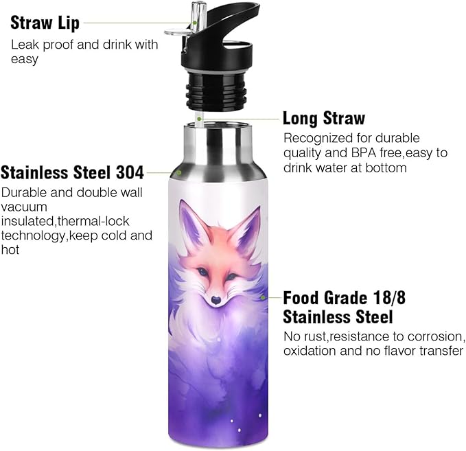 Fox Art Water Bottle with Straw Lid Kids Insulated Stainless Steel Water Flask Sports, 20 Oz Hot Cold