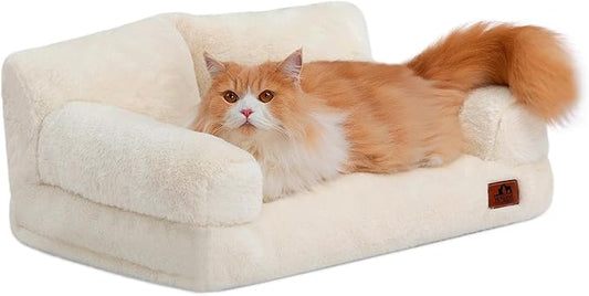 Hollypet Fluffy Plush Dog Cat Pet Couch Soft Calming Sofa Bed for Medium Small Cats and Dogs, Beige