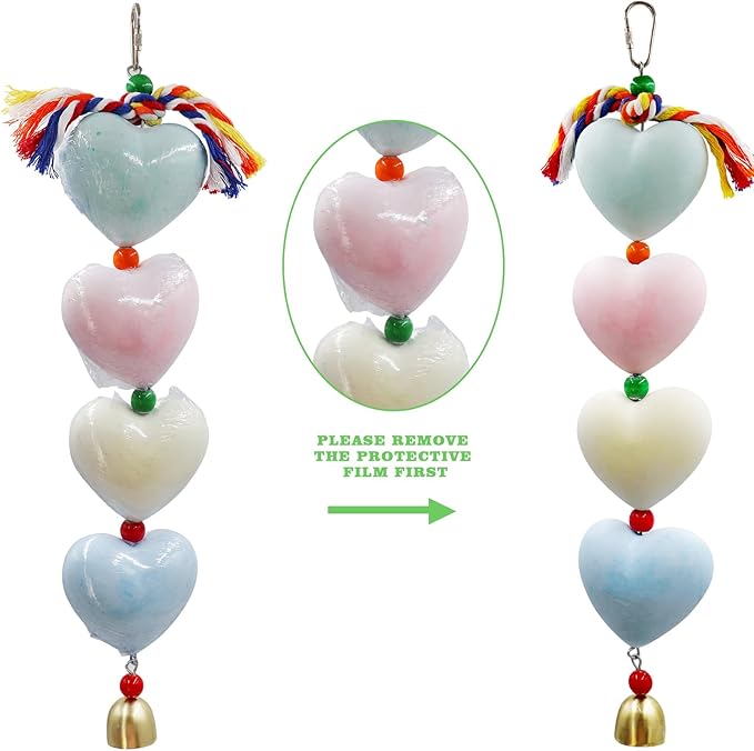 Mineral Chew Toy, Heart Shape Colorful Beaded Bird Toys with Bells | Beak Grinding & Foraging Enrichment for African Grey, Amazon Parrots, Budgies, Cockatiels, Conures
