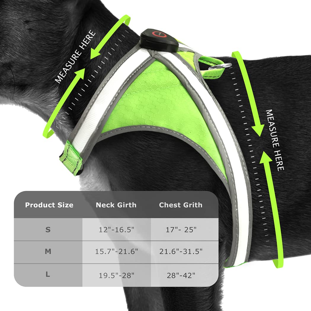 Tripolaco Light Up Dog Harness, High Visibility LED Dog Harness for Night Walking, USB Rechargeable Glowing Dog Harness - Flashing for Small/Medium/Large Dogs (Green)