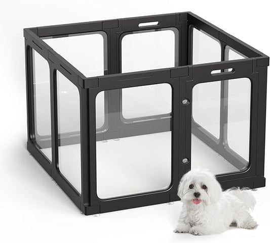 Jalove Acrylic Dog Playpen Indoor, 8 PCS Plastic Puppy Playpen with Door, Clear PlayPen for Dog Cat Rabbit Ferret, Easy Assemble Pen, Preferable Small Cage, Black, 33.5" L x 33.5" W x 24" H