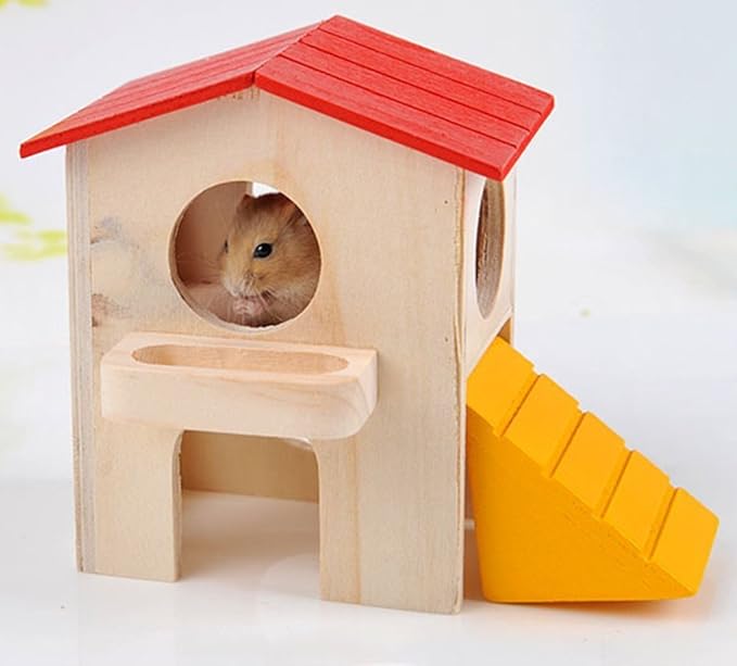 Hypeety Wooden Hamster Villa House & Maze Hideout Cage - Exercise Toys for Dwarf Hamsters, Gerbils, and Small Pets Natural Wooden Habitat with Climbing Accessories (Villa House)