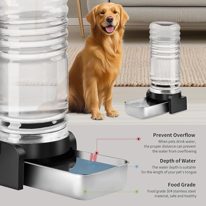 Marchul 2.3 Gallon Dog Water Dispenser, Large Dog Water Dispenser with Placemat and Stainless Steel Bowl, Automatic Gravity Pet Bowl for Dogs Medium to Large (3 Filters) 8.6L