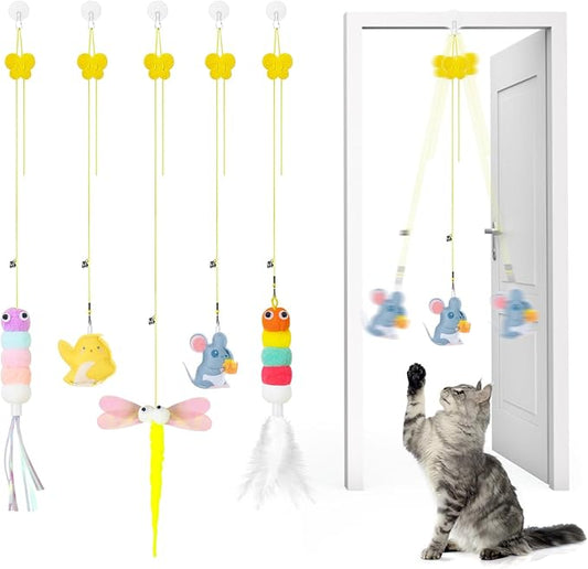 Cat Wand Toys, Adjustable Toys with Silvervine Sticks, Interactive Cat Feather Wand Toy for Indoor Cats, Elastic String Pole Toy with Bell & Feather (Extension Suspension)
